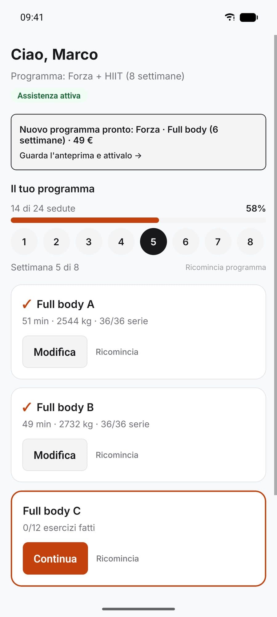 La home dell'app con il programma in corso e la barra di avanzamento