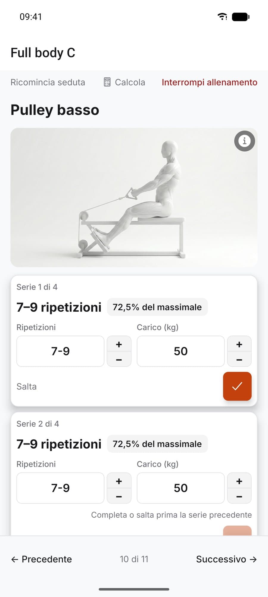 Una seduta in corso: serie, carichi e timer di recupero