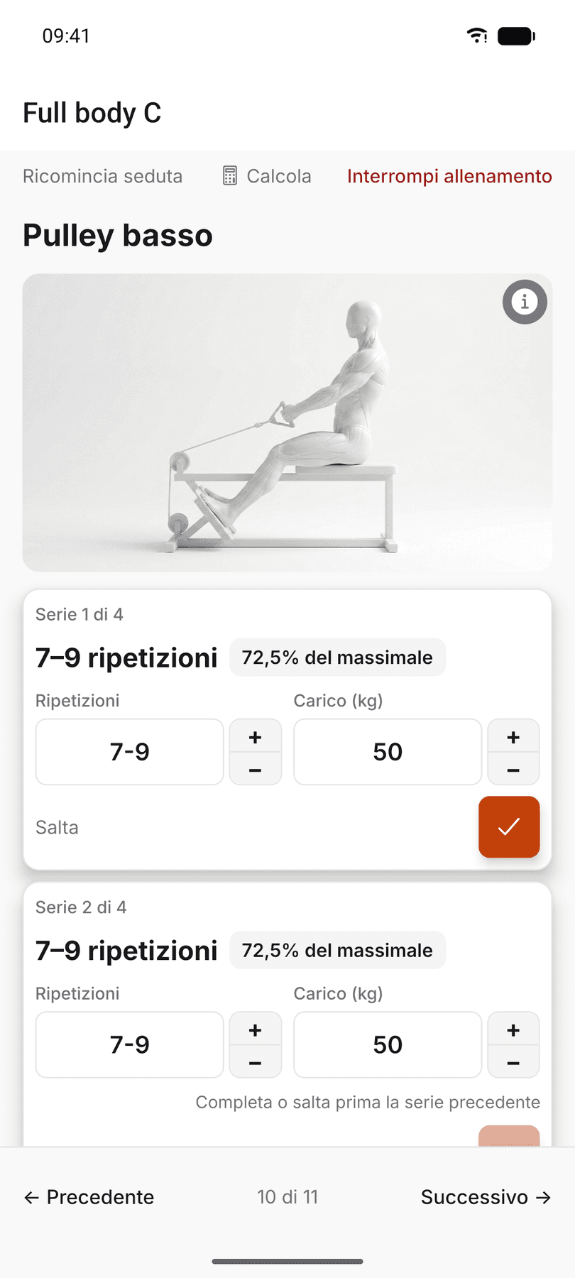 Una seduta in corso, con il carico suggerito